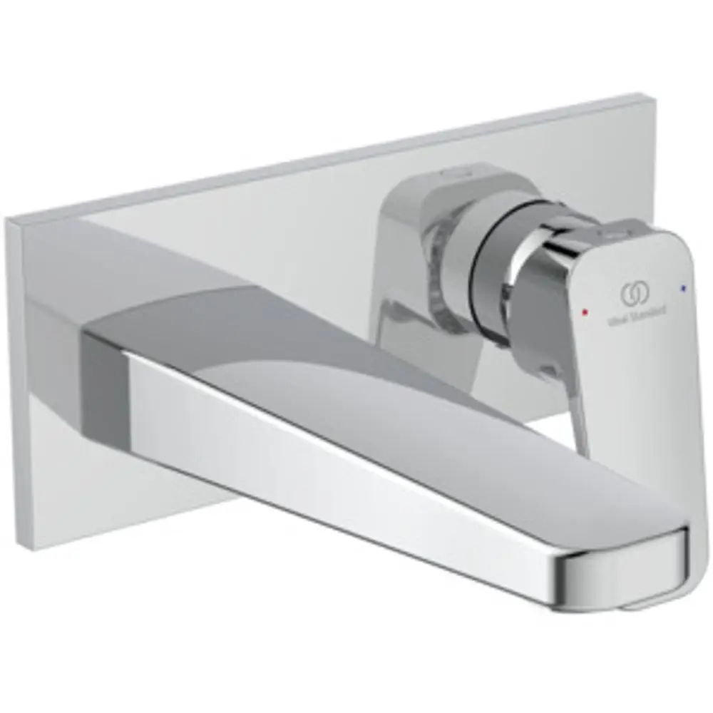 Chromene Wand-Waschtischarmatur von Ideal Standard mit flacher Auslaufstruktur und einem Drehknopf zur Temperaturregelung.